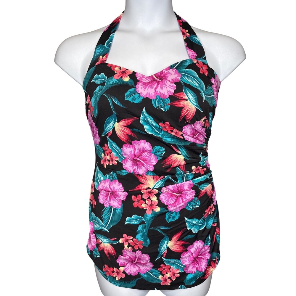 Lands' End Womens Black Floral One Piece Halter Swimsuit 14 Modest Slimming